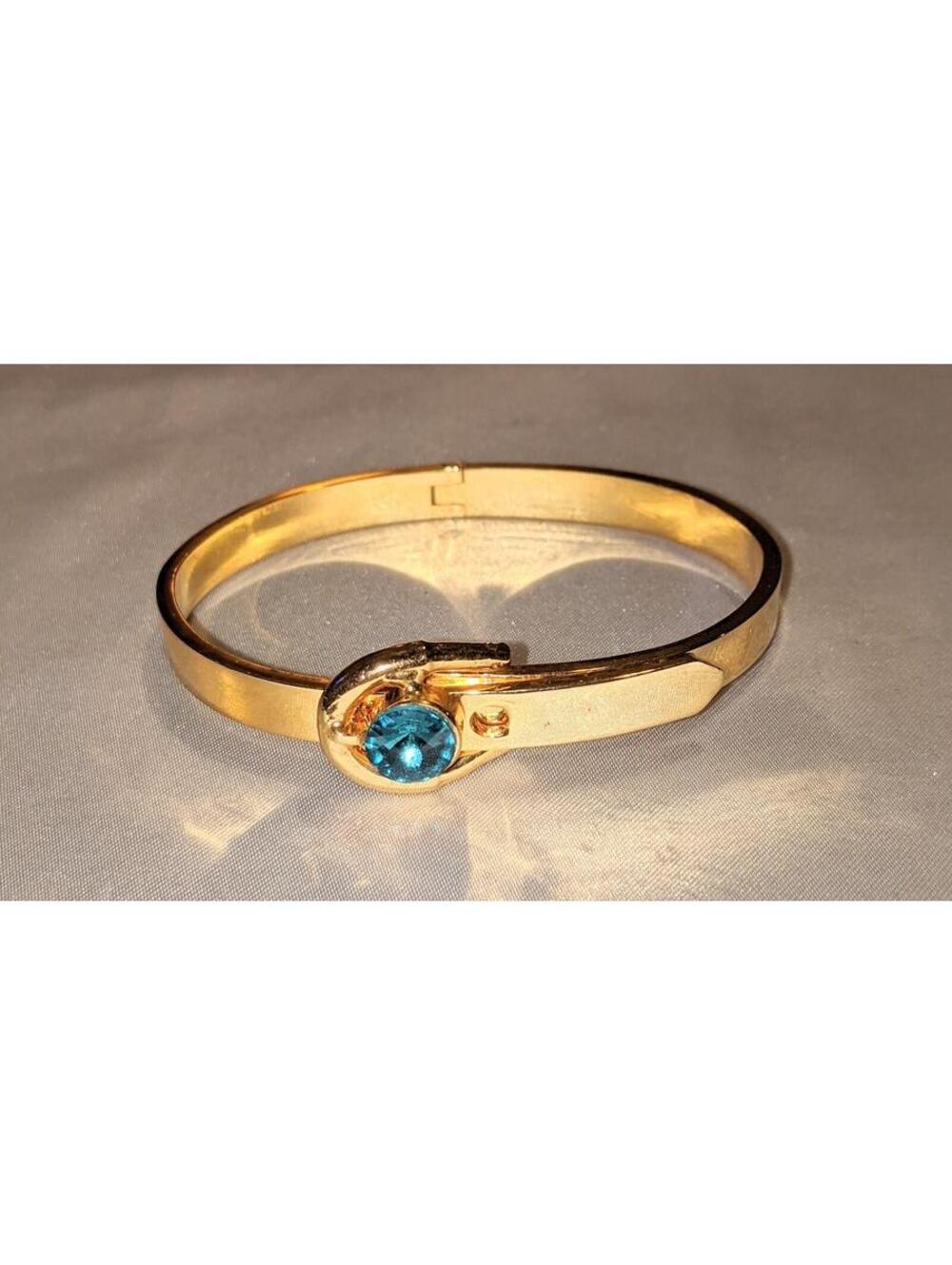 VTG 80s Hinged Bangle Bracelet Blue-Green Crystal Buckle Adjustable Gold Tone - Picture 2 of 7